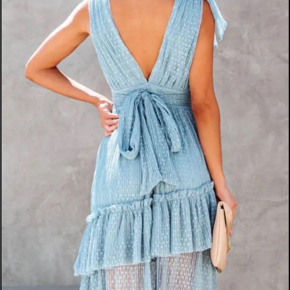 Vici Blue Ruched Tiered Midi Dress - Picture 2 of 5